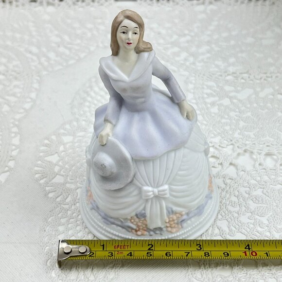 Victorian Ceramic Dinner Bell Woman Figurine Hat Bow Dress Floral Cabinet Piece - Picture 9 of 10